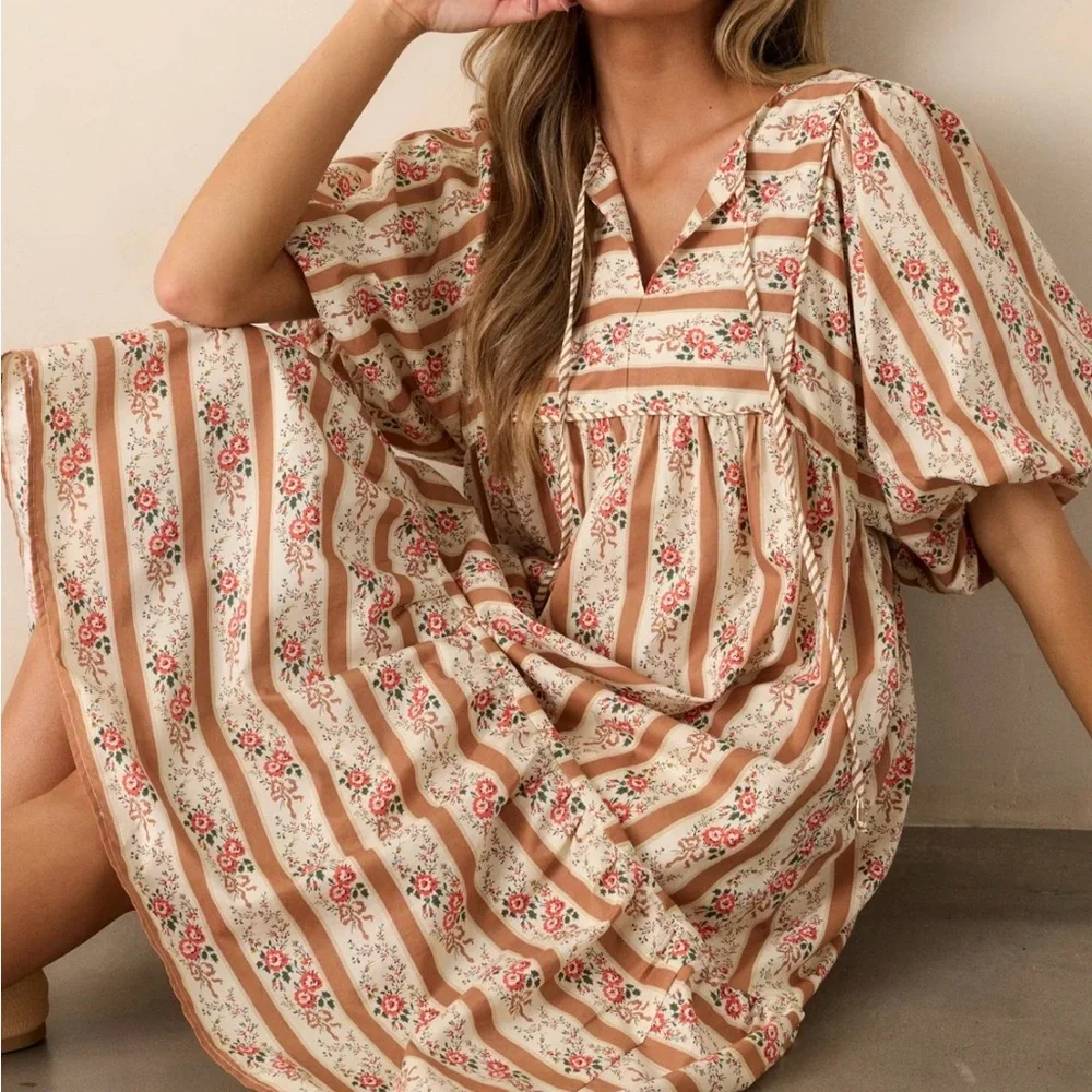 entro Cream and Pink Floral Stripe Midi Dress - Picture 3 of 7